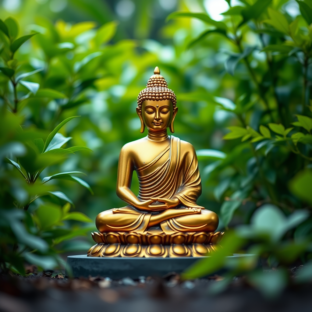 Generate a high-resolution image of a golden Buddha statue seated in a lotus position surrounded by lush greenery, using a DSLR camera with a 50mm lens, aperture f/1.8, ISO 100, soft diffused lighting, and a shallow depth of field to create a serene atmosphere.