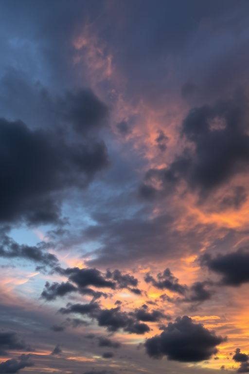 Capture a dramatic sky filled with swirling dark clouds at sunset using a DSLR camera with a 24mm lens, f/8 aperture, ISO 100, and a shutter speed of 1/200 sec, in landscape orientation to enhance texture and depth.