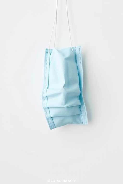 Create a high-resolution image of a light blue surgical mask hanging flat against a plain white background, using a Canon EOS 5D Mark IV with a 50mm lens, aperture set to f/2.8 for a shallow depth of field, ISO 100 for sharp detail, and a soft diffused natural light to enhance colors.