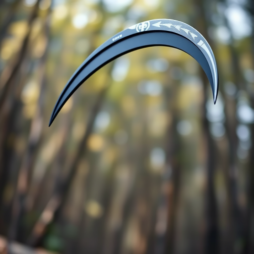 Create an image of a stylized grim reaper scythe with a sleek and polished blade, shot from a low angle using a DSLR camera, 50mm lens, f/1.8 aperture, ISO 200, natural lighting, and a shallow depth of field to emphasize the scythe's details against a blurred background.