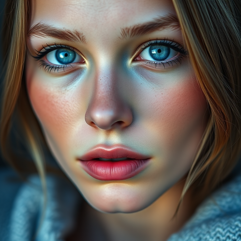 Create a hyper-realistic portrait of a young woman with striking blue eyes and smooth skin, using a Canon EOS R5 camera, 85mm lens, f/1.8 aperture, ISO 100, with soft natural lighting and a shallow depth of field to enhance the details and vibrancy.