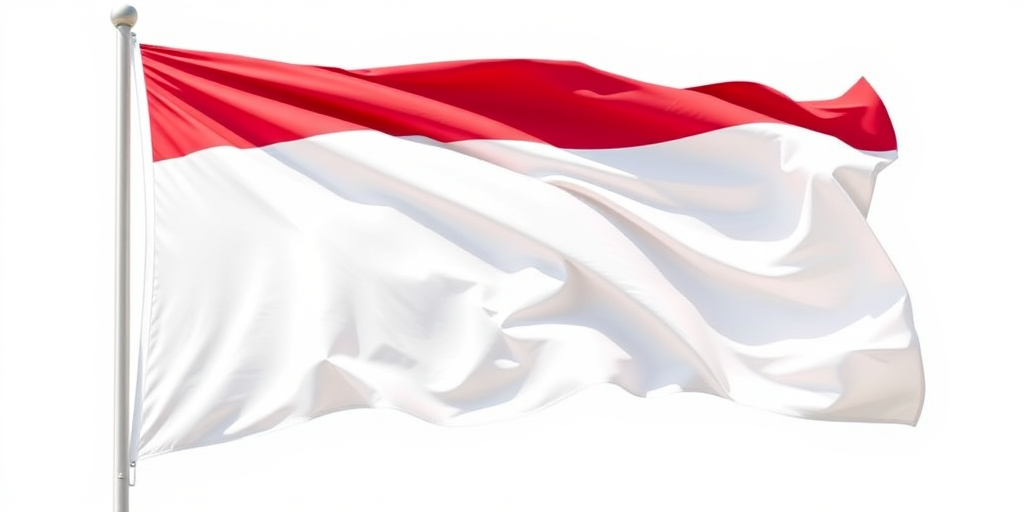 Create a high-resolution digital illustration of the Indonesian flag waving, with a clean white background, using a DSLR camera type, 50mm lens, f/2.8 aperture, 1/250 sec shutter speed, and natural lighting for enhanced clarity and color vibrancy.