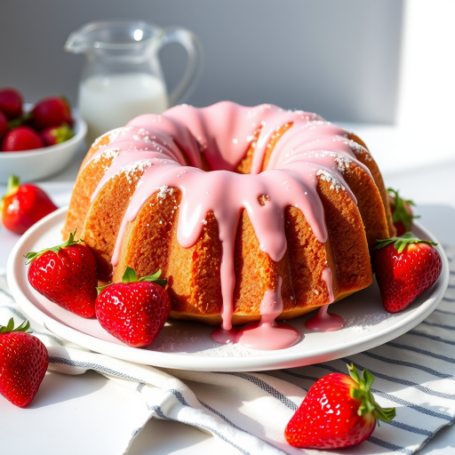 Create an image of a beautifully decorated bundt cake topped with a pink glaze. The cake should have a fluffy texture and be dusted with powdered sugar. Place fresh strawberries around the cake on a white plate. Include a small pitcher of glaze in the background and a striped cloth underneath the plate for added detail. The setting should be bright and inviting.