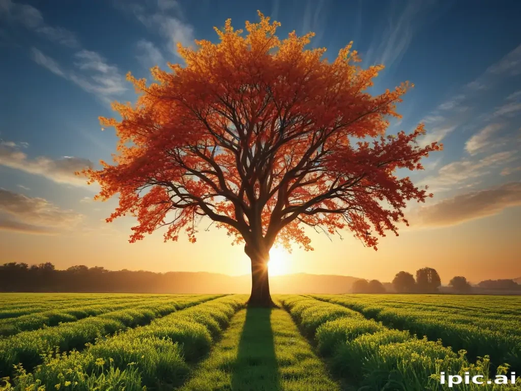 A Majestic Autumn Tree Standing Alone Against a Vibrant Sunset Sky