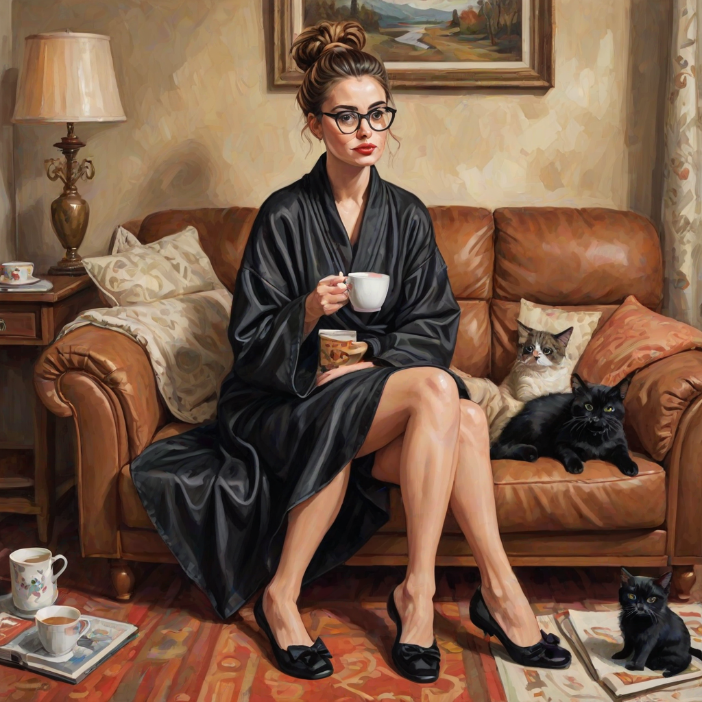 An exaggerated whimsical illustration of a cute silly lady with unruly messy brown bun and black glasses pouty lips and a thinking expression. Shes sitting on the couch, legs folded wearing a black silk robe, black fuzzy slippers. She’s holding her coffee cup and making a deep-in-thought face.  A quirky scruffy cat (dog) looking at her against a mottled, oil painting style soft background living room setting.