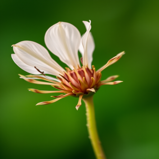 macro shot of a dried flower with a blurred green background, aperture f/2.8, shutter speed 1/100s, ISO 200, DSLR camera, natural light, close-up view