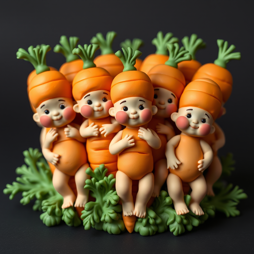A bunch of carrots in the form of anthropomorphic babies.