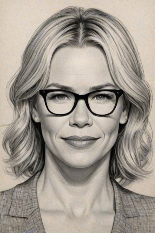 Graceful Chelsea Handler, pencil sketch, portrait of Radiant woman 1937s in glasses, hair style beatnik, outline, clear lines, fine lines, 8k