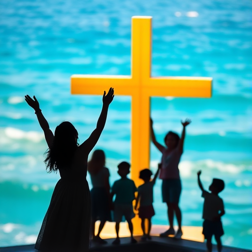 Create an image of silhouettes of a woman and several children celebrating in front of a large golden cross, with vibrant blue waves in the background, captured in a high-resolution style, using a DSLR camera at f/8 aperture, ISO 200, 50mm lens, with a shallow depth of field to enhance the colors and details.