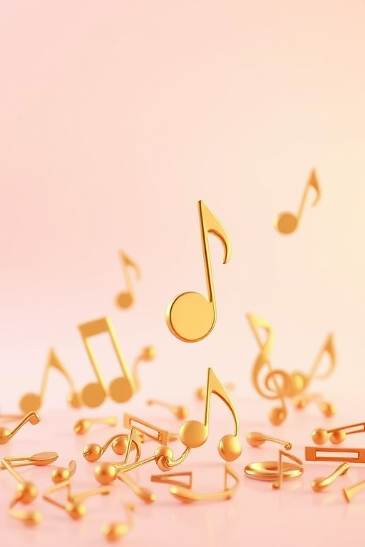 Create a high-resolution 3D illustration of golden musical notes with a soft gradient background, shot with a DSLR camera at f/2.8 aperture, ISO 100, and 50mm lens, from a slightly above angle to enhance depth and texture.