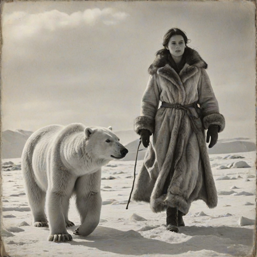 A very old photograph in black and white. The photo is badly damaged, faded, with scratches, tears, smudges and dirt. The photo is ultra-realistic and very detailed. It's a picture of an Arctic warrior. She is walking serenely towards the camera. At her side walks a majestic polar bear. Its fur shines in the sunlight. Snow, ice, sea. wind. snow in the air.