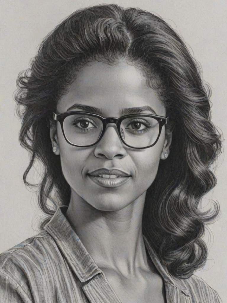 Pleasing Renee Elise Goldsberry, pencil sketch, portrait of Charming woman 1980s in glasses, hair style beatnik, outline, clear lines, fine lines, 8k