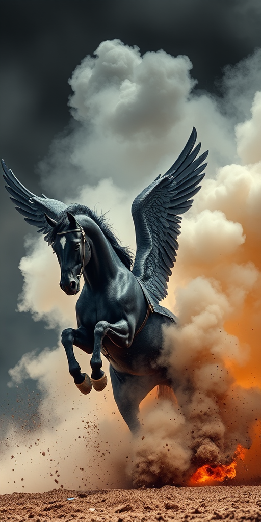 create an image of a majestic black winged horse bursting through a cloud of smoke and fire with dynamic movement, shot with a Canon EOS R5 at f/2.8, ISO 100, 1/500s, 24mm wide-angle lens, low-angle view to emphasize power and drama.