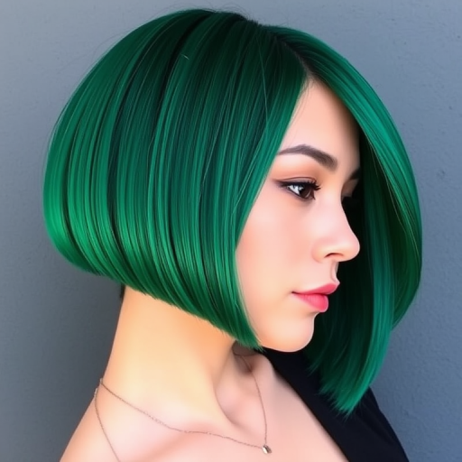 Bold emerald green bob cut dubbed "Jade Empress" featuring blunt ends, sleek straight texture, deep side part with long side-swept bangs, vibrant teal undertones peeking through, high-shine finish for a polished look