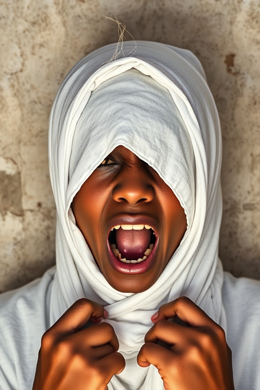 Create a close-up photographic image of a Oromo woman with light skin tones shown against an old, worn wall. Their head is wrapped in a white cloth covering (i.e.... parts of the head except the nose and mouth, which are open as if they are screaming...), with a slight texture and visible folds in the fabric. Thin strands of blonde hair escape from the wrapping above, falling lightly at the top and sides. Their hands hold the fabric as if they are tugging nervously. The lighting is dramatic and even, casting strong shadows. The image has a minimalist and surreal style with an emphasis on simplicity with soft color tones. The composition is centered.