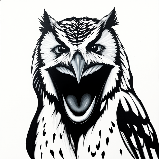 Abstract black and white acrylic portrait of an over exaggerated laughing (owl). Minimalism style. White background.