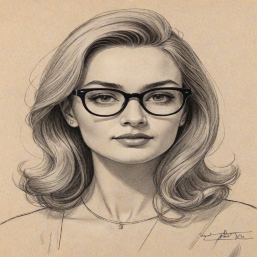 Elegant Hunter King, pencil sketch, portrait of Splendid woman 1959s in glasses, hair style beatnik, outline, clear lines, fine lines, 8k