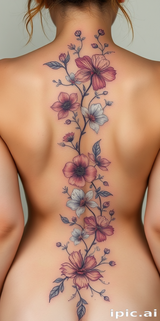Delicate floral body tattoo cascading down the spine, featuring hyper-realistic botanicals in muted watercolor tones with touches of metallic silver