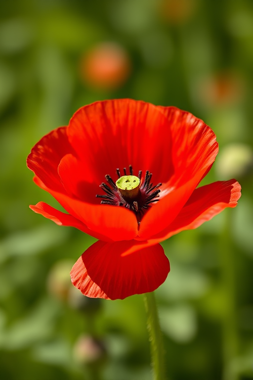 Capture a vibrant red poppy flower in full bloom against a blurred green background, using a Canon EOS 5D Mark IV, with a 50mm f/1.8 lens, aperture set to f/2.8, ISO 100, shutter speed 1/200s, in natural light, focusing on the intricate details of the petals.