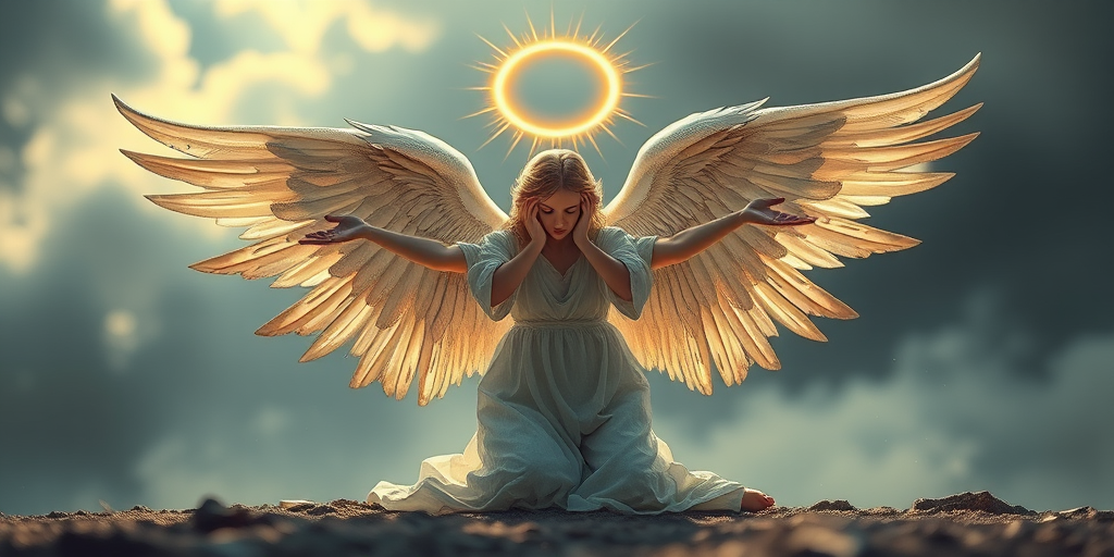 Create an intricately detailed illustration of an angel with outstretched wings, positioned gracefully on the ground, illuminated by a radiant halo, captured with a Canon EOS 5D Mark IV using a 50mm f/1.4 lens, aperture set to f/2.8, ISO 100, and shot from a low angle to emphasize its majestic presence.