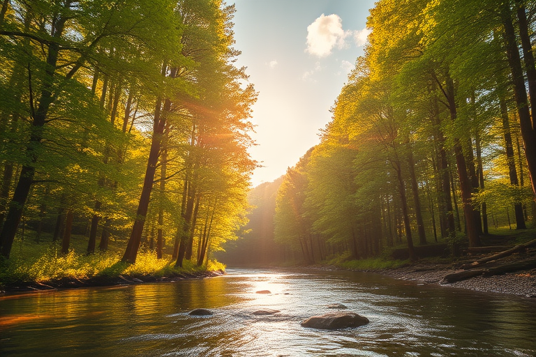 Create an image of a serene, sunlit forest scene with a clear, gently flowing river. Tall trees with lush green foliage line both sides of the river, their leaves bathed in the warm golden light of the setting or rising sun. The sunlight filters through the trees, casting soft, dappled light on the river, which flows over smooth rocks and pebbles, creating a peaceful, natural atmosphere. The sky is bright with a few scattered clouds, and the overall mood is tranquil, evoking a deep sense of connection with nature. The image captures the beauty of a calm, pristine forest landscape at either dawn or dusk.