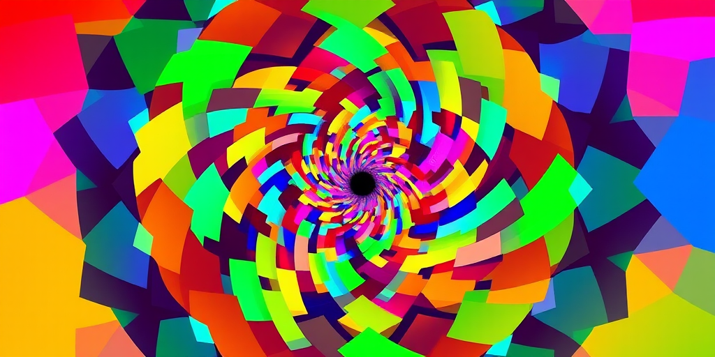 Create a vibrant, swirling abstract pattern of colorful geometric shapes in a spherical design, captured with a Canon EOS R5, 50mm lens, f/1.8 aperture, ISO 100, and a wide-angle view to enhance depth and saturation.