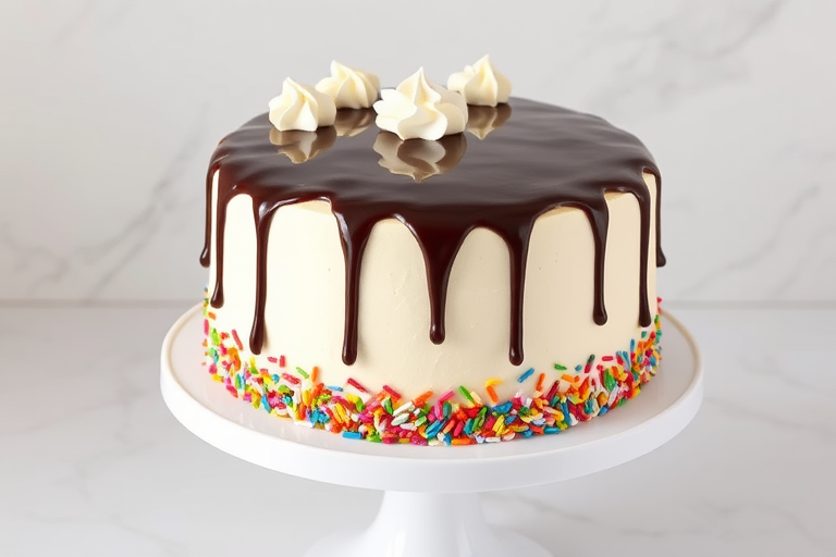 Create an image of a round cake with white frosting topped with chocolate ganache drips and a decorative border of whipped cream on top. The sides of the cake should be covered in a colorful assortment of sprinkles, and it should be placed on a white cake stand against a light marble background.