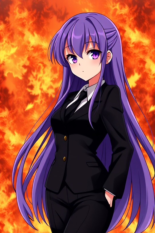 anime girl with long purple hair in a black suit standing confidently against a fiery background, high-resolution, DSLR camera, f/2.8 aperture, ISO 100, 50mm lens, portrait orientation, dramatic lighting