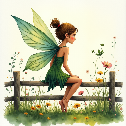 create an image of a fairy from behind sitting on a  fence watercolour and alcohol inks