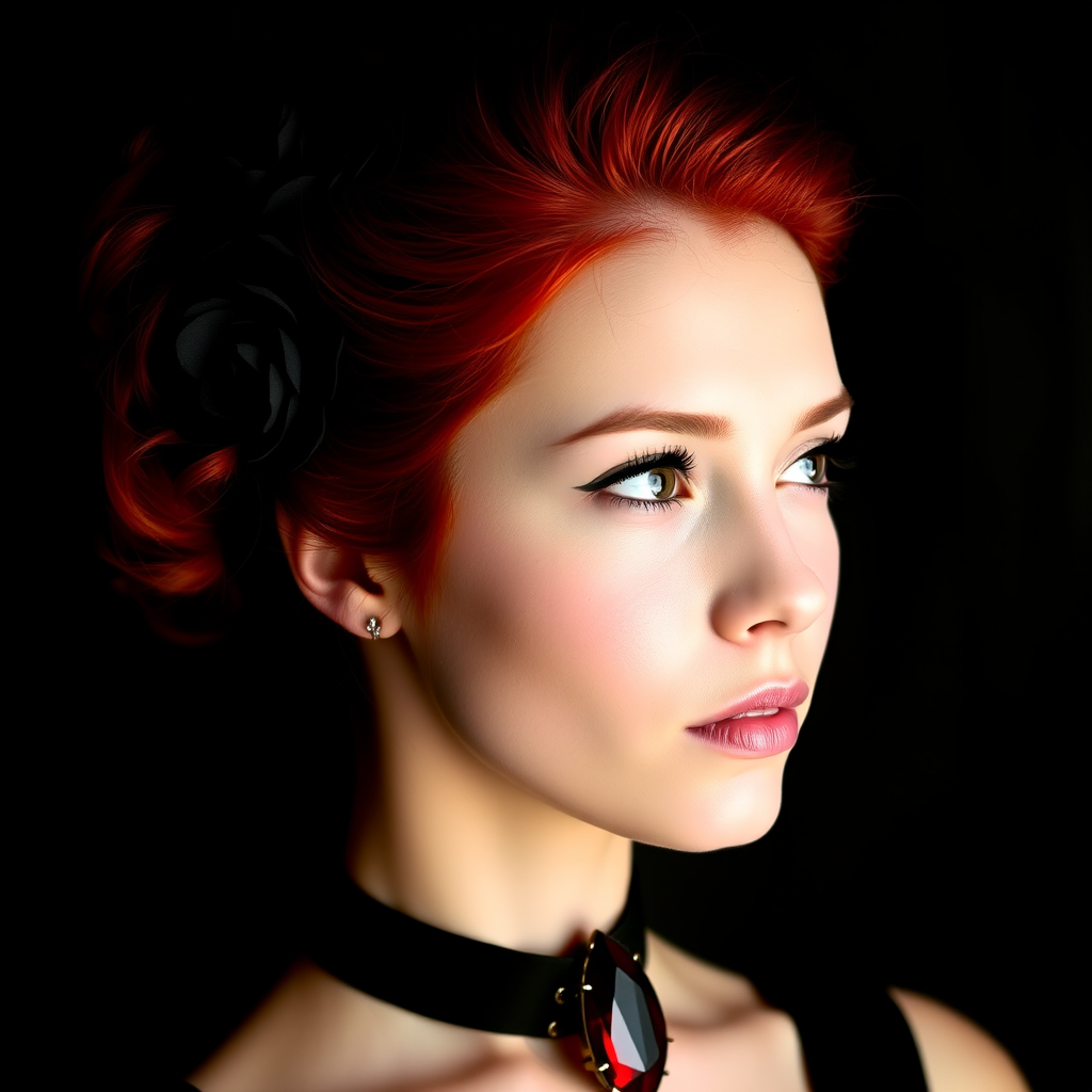 A young woman with bright red hair styled in a voluminous updo adorned with black floral accents, wearing a black choker with a large red gemstone pendant, looks off to the side with a slightly pensive expression, her face softly lit against a dark background.  The image is composed as a portrait, shot from a close-up perspective, with the subject filling most of the frame.  The woman's skin appears fair and flawless, with a subtle glow.  The overall atmosphere is elegant and slightly dramatic.