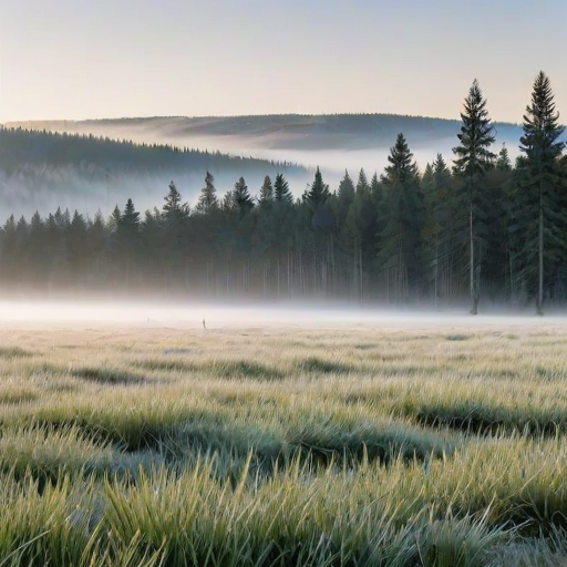 a serene winter landscape with a frosty field in the foreground, gentle mist rising, and a dense forest of evergreen trees in the background under a clear sky