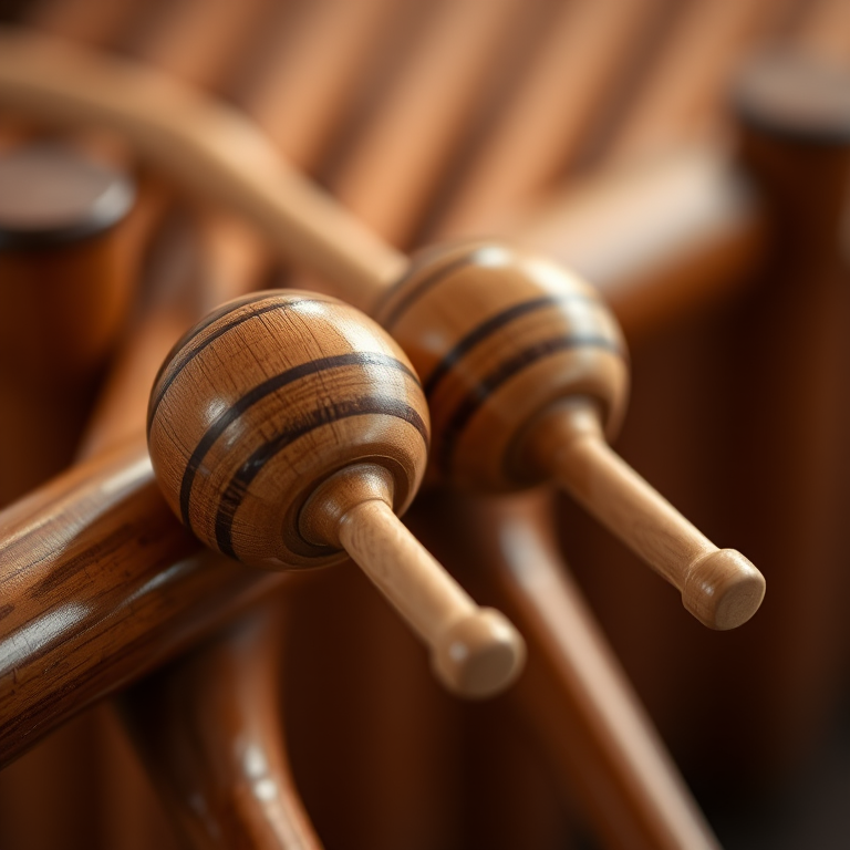 close-up of two wooden plungers resting on a series of polished wooden pipes, shallow depth of field, f/2.8, ISO 100, 50mm lens, natural light, macro photography