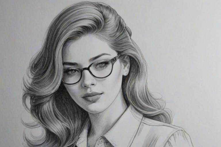 Appealing Elena Satine, pencil sketch, portrait of Enchanting woman 1945s in glasses, hair style beatnik, outline, clear lines, fine lines, 8k