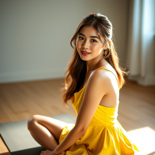 Resplendent photo of woman:Chinese:0.4, highlight hair, wearing Banana dress, sitting on Yoga mat, rim lighting, studio lighting, looking at the camera, dslr, ultra quality, sharp focus, tack sharp, dof, film grain, Fujifilm XT3, crystal clear, 8K UHD, highly detailed glossy eyes, high detailed skin, skin pores
