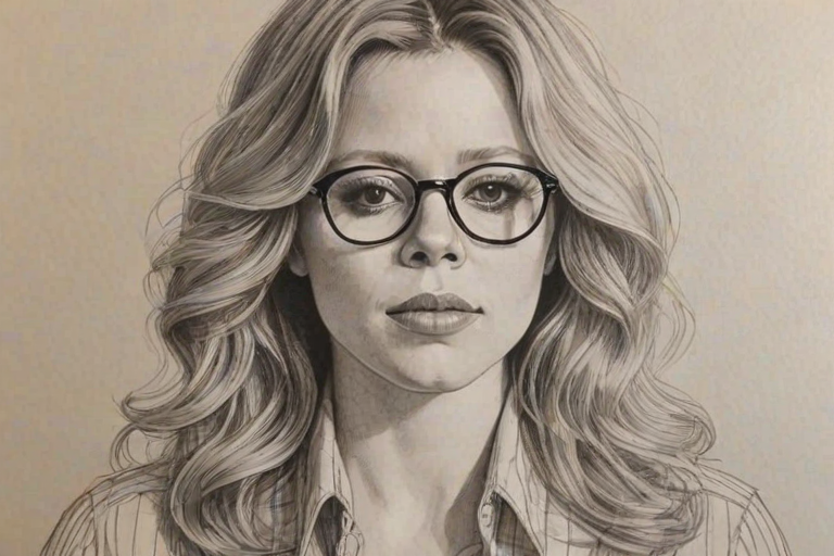 Fascinating Natasha Lyonne, pencil sketch, portrait of Ravishing woman 1970s in glasses, hair style beatnik, outline, clear lines, fine lines, 8k