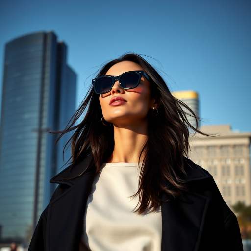 Cityscape backdrop, fashionable attractive model , wearing black shades, oversized coat, minimalist accessories, urban chic vibe, Shoot against a strong backlight using a 50mm f/1.2 lens to create a soft, silhouetted profile, highlighting the flow and transparency of the fabric