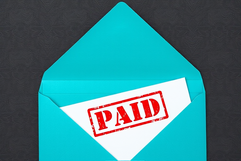 Generate a high-resolution image of a teal envelope slightly open with a paper inside that reads "Invoice" and has a red "PAID" stamp, using a DSLR camera with a 50mm lens, aperture set to f/2.8, ISO 100, and natural light for soft shadows.