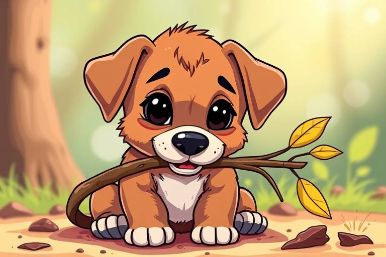 Create a cartoon-style illustration of a brown puppy sitting with a branch in its mouth, with bright and vibrant colors, using a Canon EOS R camera, focused on the puppy's eyes, f/2.8 aperture, 50mm lens, and soft natural lighting for enhanced image quality.