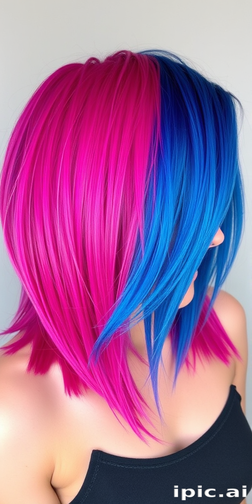 Eccentric hair style presenting a multi-colored split dye with half vibrant magenta and half electric blue on a medium-length shag cut