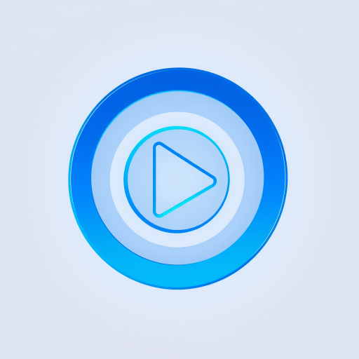 Create a high-resolution logo design featuring a play button symbol in a modern style with a blue color palette, using a 50mm lens at f/1.8, aperture priority mode, and soft lighting to enhance depth and clarity.