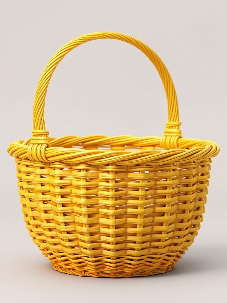 Create a highly detailed 3D rendering of a yellow woven basket with a curved handle, shot from a three-quarter angle, using a DSLR camera set to f/8 aperture, ISO 100, and a shutter speed of 1/60s to enhance clarity and texture.