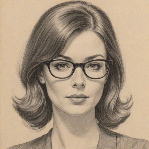 Appealing Amie Harwick, pencil sketch, portrait of Pleasing woman 1964s in glasses, hair style beatnik, outline, clear lines, fine lines, 8k