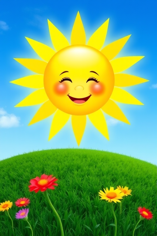 Create an image shows a bright, sun with a smiling baby's face in the center, radiating soft yellow rays. The sun is set against a clear blue sky with a few wispy clouds. Below, there's a lush green grassy hill with colorful, oversized flowers, giving the scene a whimsical, playful atmosphere.