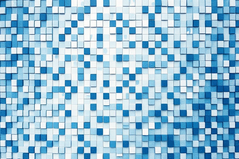 Create a high-resolution abstract image featuring a mosaic of blue, grey, and white squares scattered throughout the canvas, using a Canon EOS R5, 50mm lens, aperture f/1.8, ISO 100, and soft natural lighting to enhance texture and depth.