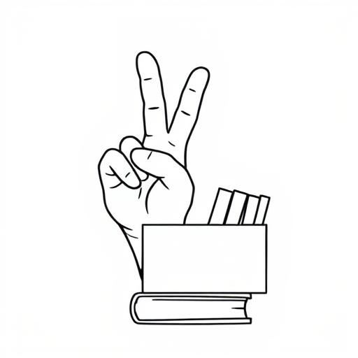 Create a high-resolution black and white line art image of a peace sign holding books and a rectangular object, shot with a Canon EOS 5D Mark IV at f/8, ISO 100, 1/125 sec, taken from a straight-on perspective with a minimalist style.