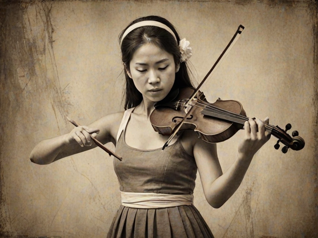 a young Ryukyuan woman with a white headband playing a violin, in the style of a charcoal drawing, sepia grunge background