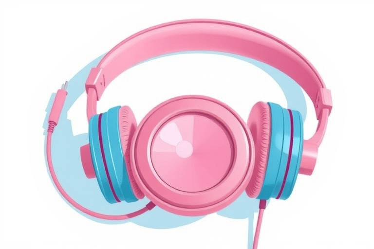 create an illustration of stylish headphones with a pink and blue color scheme, captured in a flat lay style using a DSLR camera with a 50mm lens at f/1.8 aperture, ISO 100, and natural lighting for enhanced detail and clarity