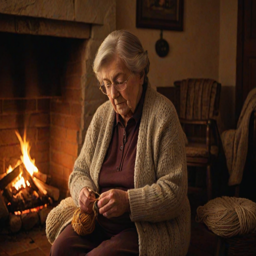 Warm, softly lit image of a grandmother knitting by the fireplace, soft glow from the fire casting warm shadows on the walls, the smell of wool and burning wood filling the air, a peaceful, quiet atmosphere captured.