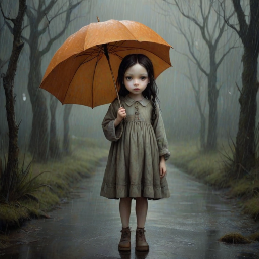 An eerie, weird little girl with dark hair in thin pigtails, wearing a smock dress, standing in the rain, holding a dirty orange umbrella, a small, odd creature beside her. In a surreal style inspired by Nicoletta Ceccoli and Brian Froud. Dark fantasy themes