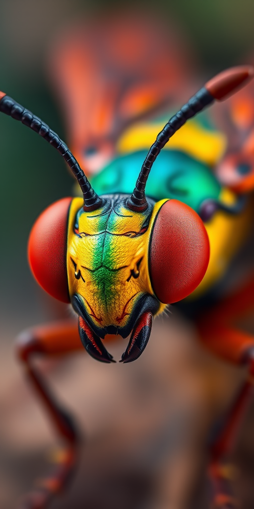 Create a vibrant and detailed illustration of a stylized insect with ...